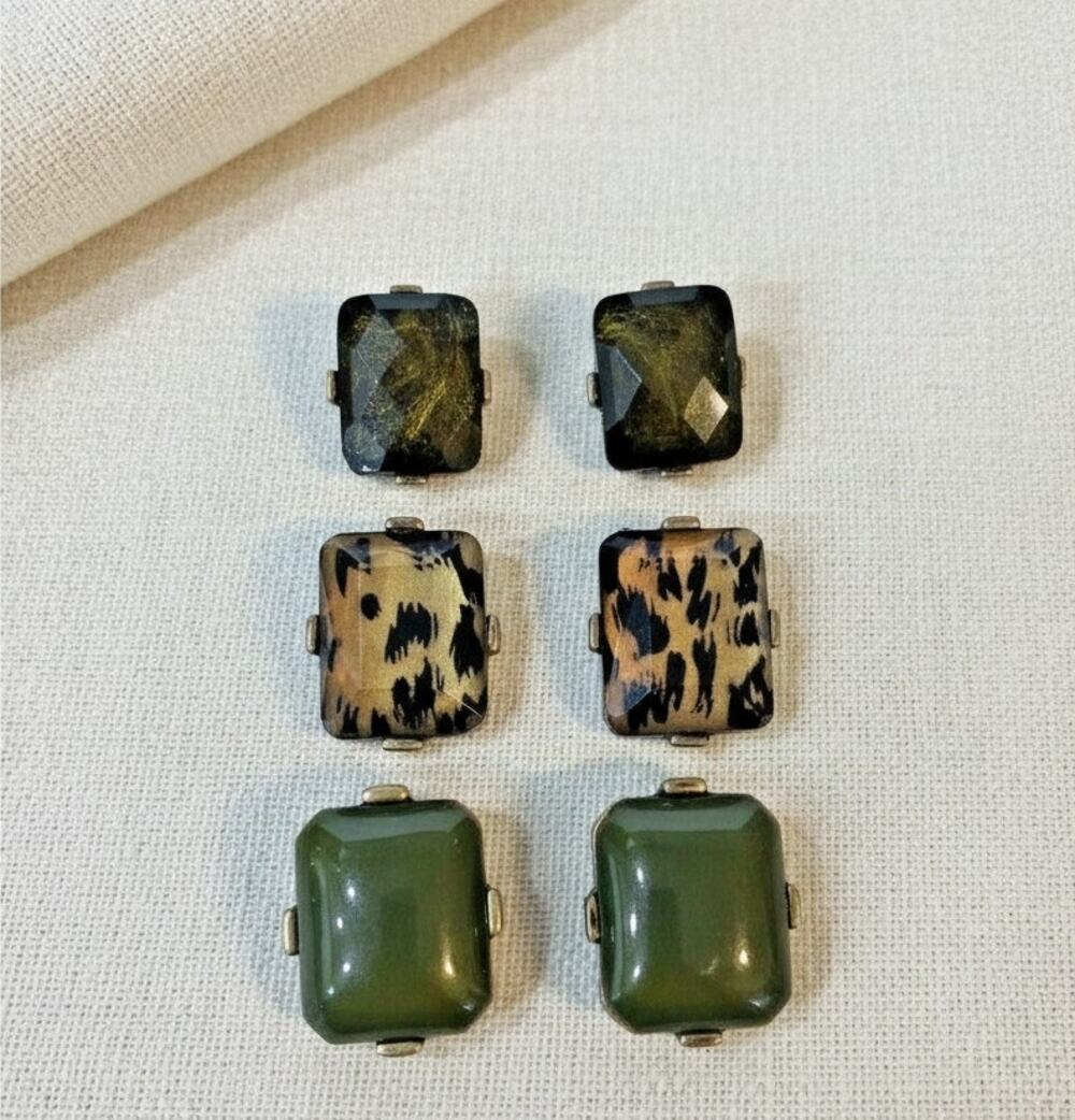 Mia Collection Earrings Set 3pc Animal Print Green Square Studs by Kim Min‎ Sun